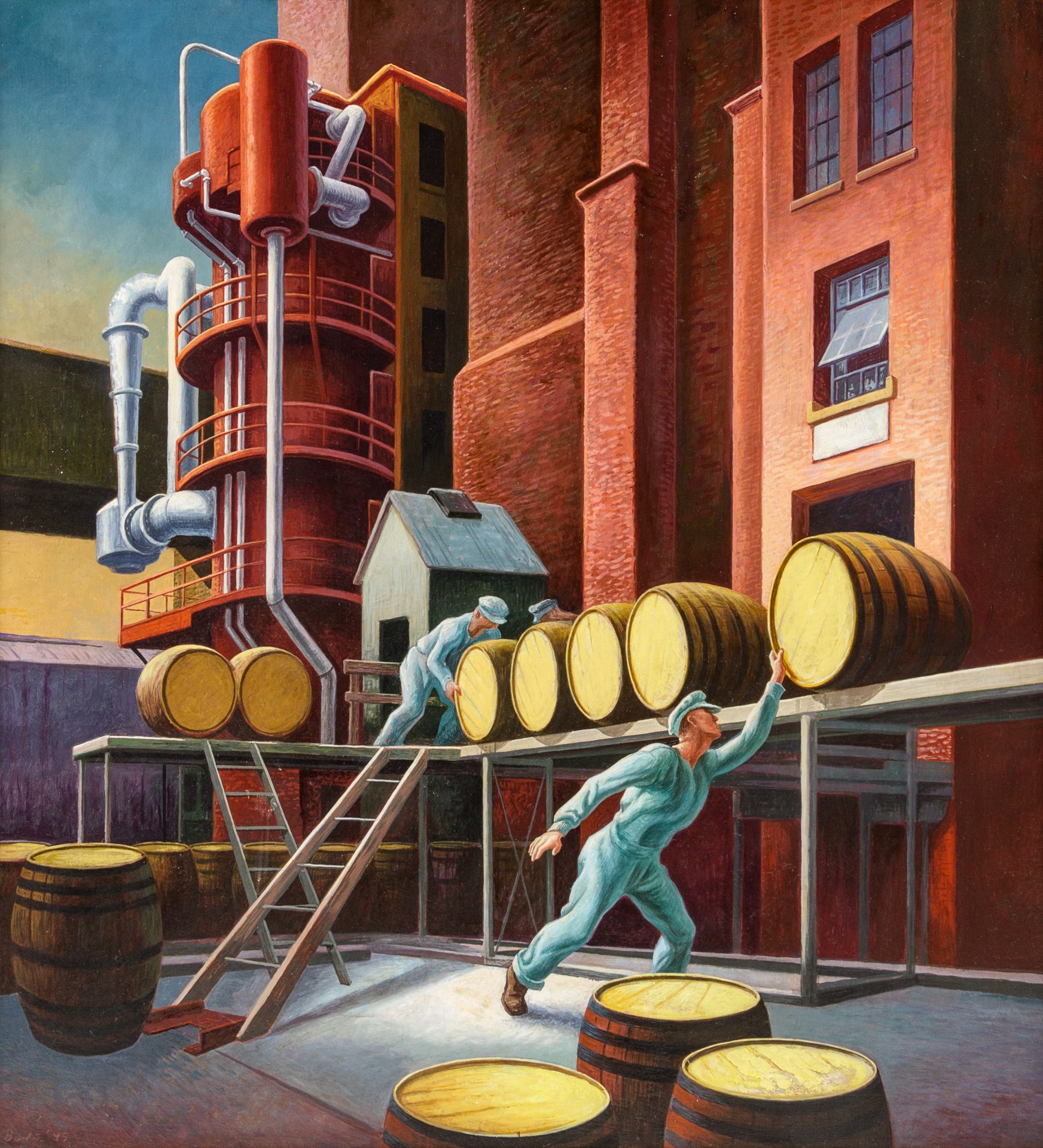 Thomas Hart Benton | ‘Whiskey Going into the Rackhouse to Age’ or ‘Whiskey Barrels,’ 1945